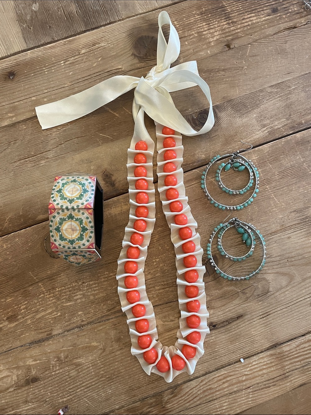 Ribbon Tie Necklace with Coral Beads